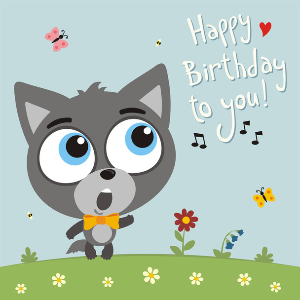 greeting card with cute funny cartoon character of wolf with big eyes singing Happy birthday song on meadow - Vector, Image