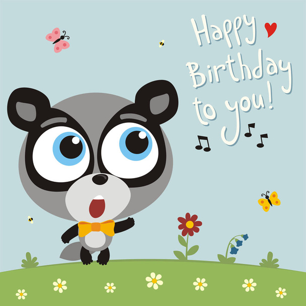 greeting card with cute funny cartoon character of badger with big eyes singing Happy birthday song on meadow - Vector, afbeelding