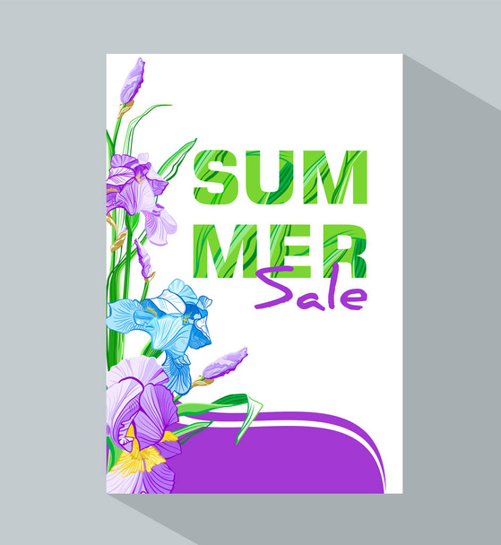 Kesällä myynti banneri sininen ja violetti kukkia, kukka iiris suunnittelu banneri, lentolehtinen, kutsu, juliste, kyltti, web-sivuston tai onnittelukortti. Vektoriesimerkki
 - Vektori, kuva