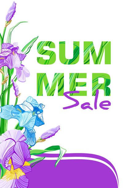 Summer sale banner with blue and purple flowers, flower iris design for banner, flyer, invitation, poster, placard, web site or greeting card.  - Foto, Imagen