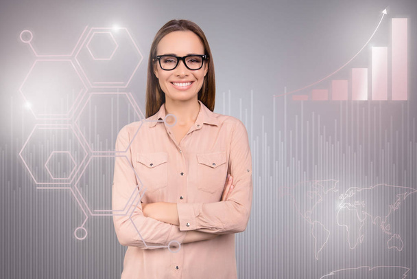 Close up virtual effect design stylized graphic poster photo confident she her business lady social marketing futuristic pattern wear shirt specs eyeglasses isolated grey report background - Fotoğraf, Görsel