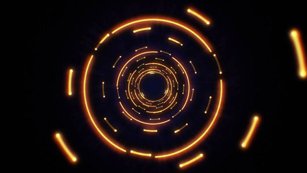 オレンジ色の抽象的な光のシームレスなループ円します。光沢のある明るい丸と抽象的な背景トンネル ループ アニメーション。未来の照明ネオン スペース。抽象界ネオン トンネル. - 写真・画像