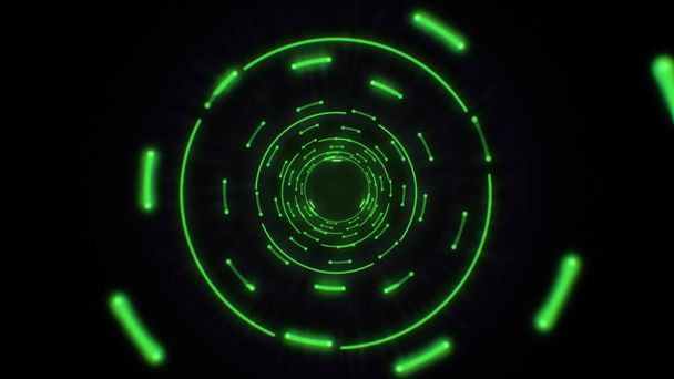 Groene abstracte licht cirkels naadloze looping. Animatie van een abstracte achtergrond tunnel lus met glanzende lichte cirkels. Futuristische verlichting neon ruimte. Abstracte cirkels neon tunnel. - Foto, afbeelding