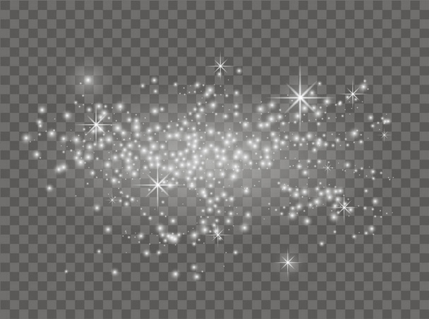 白い火花と星。光で輝いてください。ベクトルダストホワイト。透明な背景を持つ輝き。クリスマス抽象的なパターン。スパークリングマジックダスト粒子. - ベクター画像