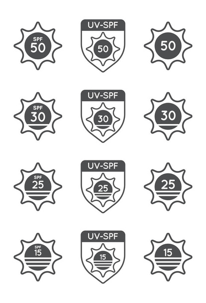 Комплект захисту сонця УФ індекс, Spf 50 Spf 30, 25, 15 векторні іконки колекції. - Вектор, зображення