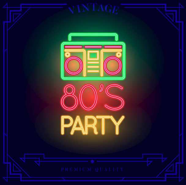 80er Party mit Boombox-Kassettenspieler und Leuchtreklame. Vektorillustration. - Vektor, Bild