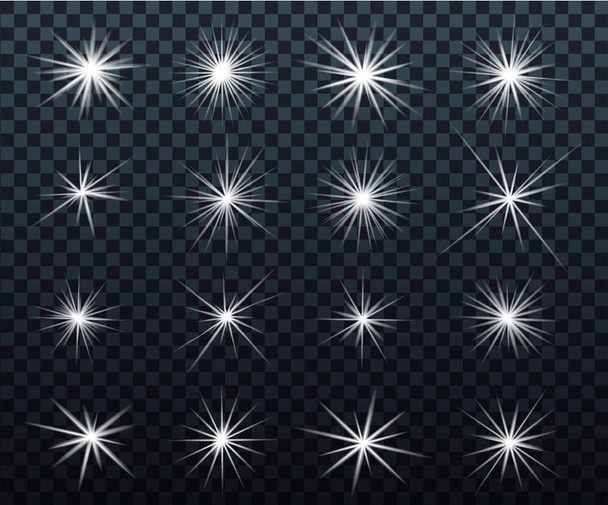 Reihe von leuchtenden Lichteffekten. Funkeln. leuchtende Sterne, helle Lichtblitze mit einem Strahlen. transparente Lichteffekte im Vektor. - Vektor, Bild