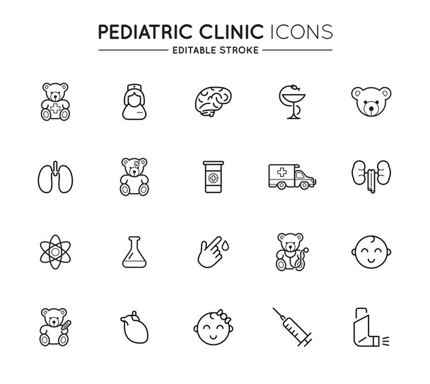 Outline icons set. Pediatric hospital clinic and medical care. Editable stroke. Vector. - Vector, Image