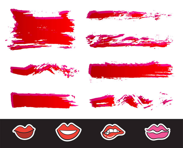 Rode lipstick uitstrijkjes set. Textuur penseelstreken geïsoleerd op witte achtergrond. Make-up. Vector illustratie.  - Vector, afbeelding
