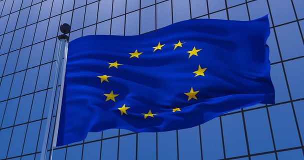 Σημαία της Ευρωπαϊκής Ένωσης σε φόντο κτιρίου ουρανοξύστη. 3D επεξηγηματικά στους - Φωτογραφία, εικόνα