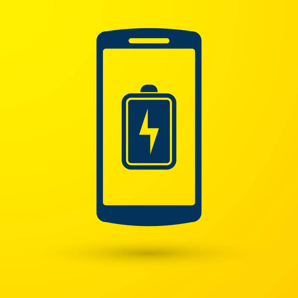 Niebieska ikona naładowania baterii smartfona na białym tle na żółtym tle. Telefon z niski poziom baterii. Ilustracja wektorowa - Wektor, obraz