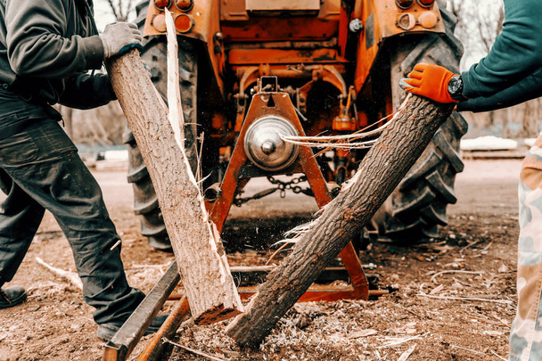 Los trabajadores cortan troncos en paz con la máquina de corte al aire libre
. - Foto, Imagen