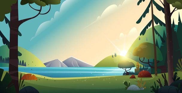 Rural cartoon landscape. Beautiful view of the lake and the mountains on forest background. Nature landscape view on the river. - Vector, Image