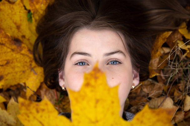 Κάτοψη του ένα χαριτωμένο κορίτσι με μπλε μάτια, που το φθινόπωρο βρίσκεται o - Φωτογραφία, εικόνα