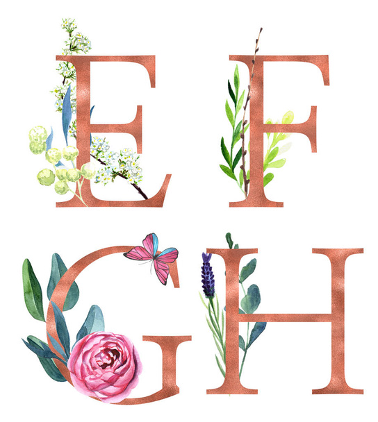 Decorative floral alphabet with gold foil letters and watercolor botanical decoration. - 写真・画像