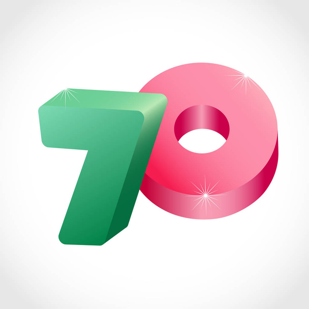 70 th years old congrats. Isolated abstract colored graphic design template. Up to -70 % logotype. Round shape 0. Discount emblem on white background. Creative web digits with 3D rotation effects. 70 anniversary number - Vector, Image