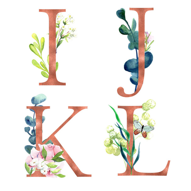 Decorative floral alphabet with gold foil letters and watercolor botanical decoration. - Photo, image
