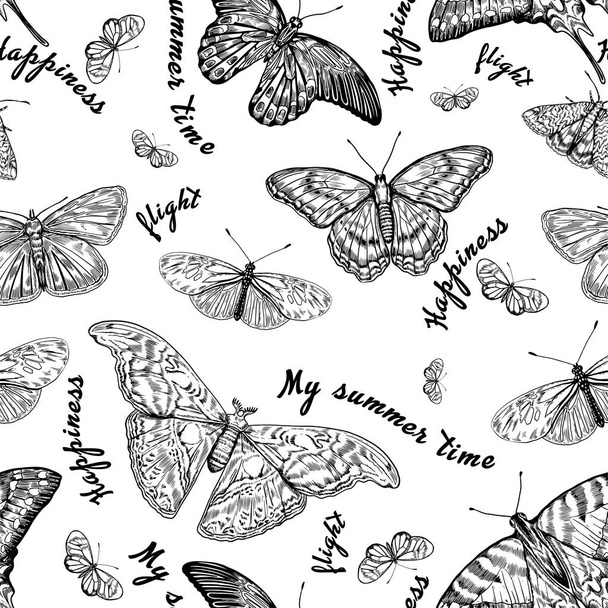 Vintage butterfly vector seamless background with text lines. - Vecteur, image