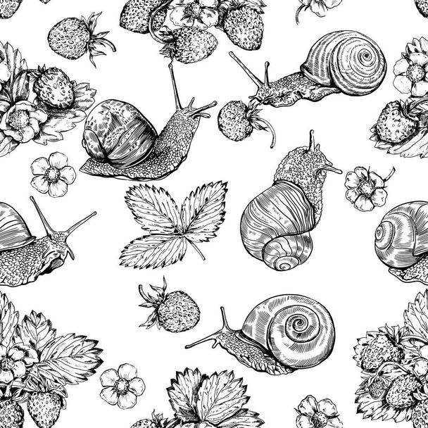 Vintage snails and strawberry vector seamless background. - Vetor, Imagem