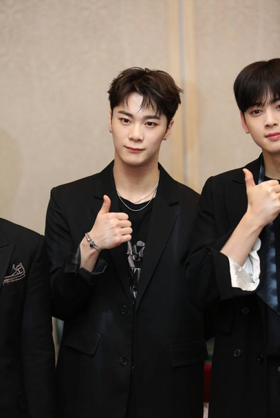 A member of South Korean boy group Astro attends a press conference for their 2nd Astroad to Taipei "STAR LIGHT" concert in Taipei, Taiwan, 15 March 2019. - Zdjęcie, obraz