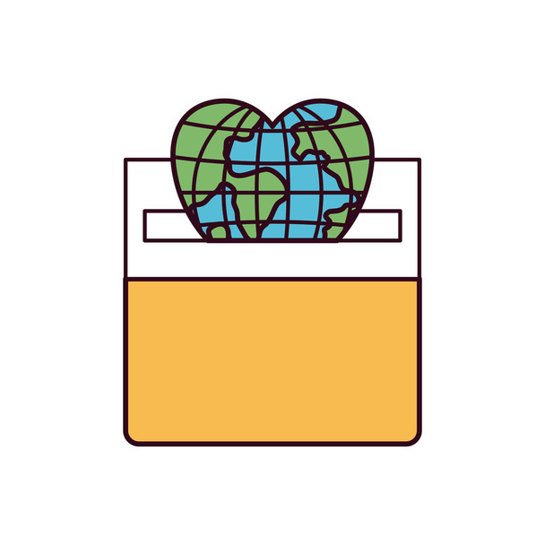 sziluett színes szakaszok Front View lapos gömb föld világ szív alakú letétbe egy karton dobozban - Vektor, kép