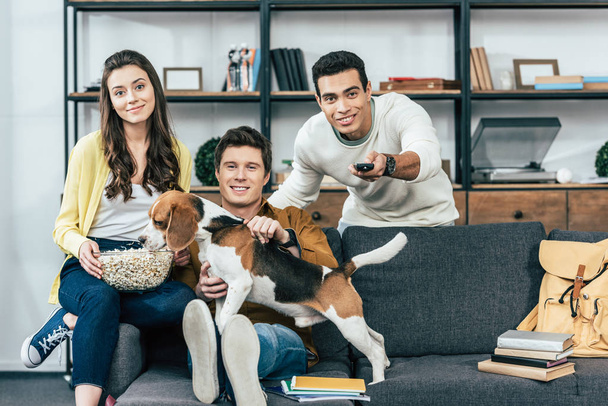Tres amigos sonrientes multiétnicos con perro y palomitas de maíz sentados en el sofá y viendo la televisión
 - Foto, Imagen