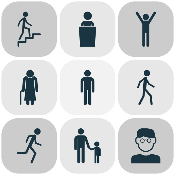 Emberi ikonok beállítása, hangszóró, séta, hegymászás lépcső és jogging elemeivel. Elszigetelt illusztráció emberi ikonok. - Fotó, kép