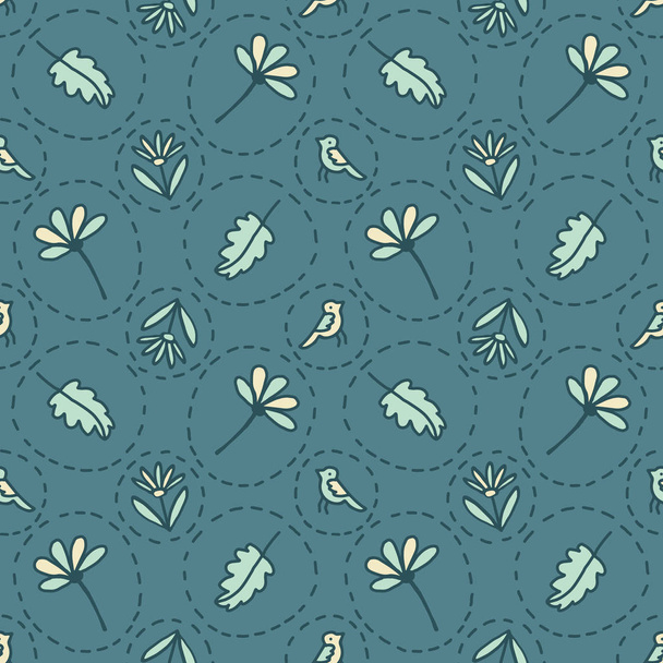 Μικροσκοπικά floral πουλιά Ντότι χωρίς ραφές διανυσματικό μοτίβο. Μπόχο άνοιξη πράσινο λουλούδι κύκλους - Διάνυσμα, εικόνα