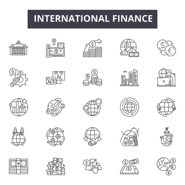 Iconos de línea de finanzas internacionales para diseño web y móvil. Signos editables. Ilustraciones conceptuales del esquema financiero internacional
 - Vector, imagen