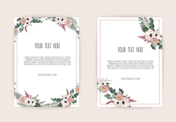 Vector floral κάρτα σχεδιασμού. Ευχετήρια, καρτ ποστάλ πρόσκληση γάμου πρότυπο. Κομψό πλαίσιο με τριαντάφυλλο και ανεμώνη - Διάνυσμα, εικόνα