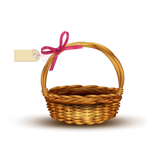 Empty wicker basket with pink bow and gift tag. Vector illustration isolated on white background. Element for design. - Vector, Image