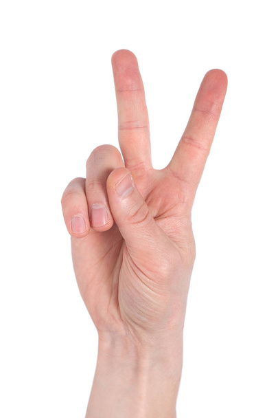 male hand shows a "peace" sign isolated on white background - Valokuva, kuva