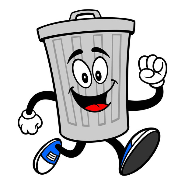 Trash Can Mascot Running - Uma ilustração de desenho animado vetorial de uma lata de lixo de alumínio mascote em execução
. - Vetor, Imagem