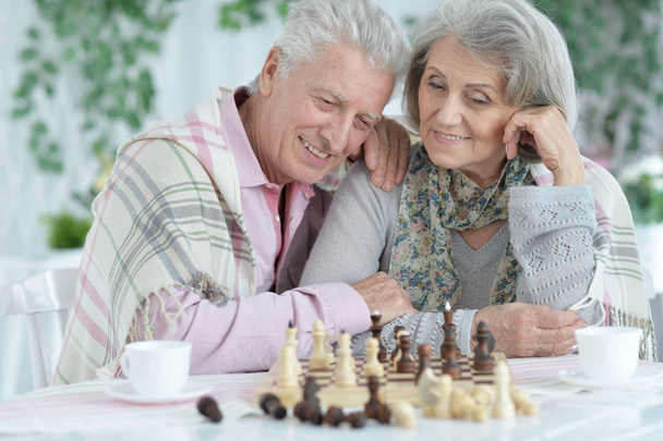 happy senior couple playing chess together - Photo, image