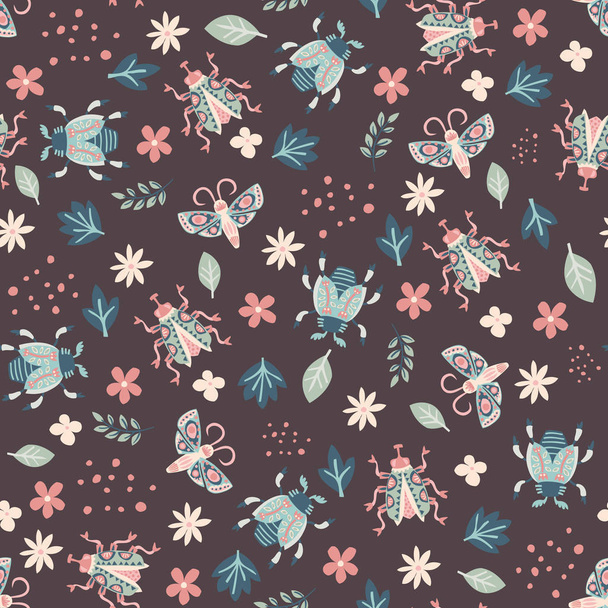 Cut out paper insects and flowers. Vector seamless pattern - Vector, afbeelding