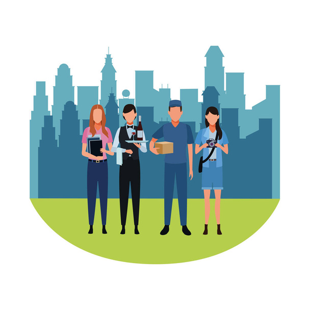 Jobs and professions avatars over cityscape scenery - Vector, Image