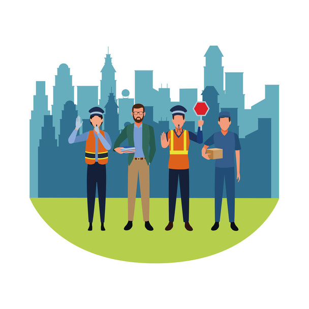 Jobs and professions avatars over cityscape scenery - Vector, Image