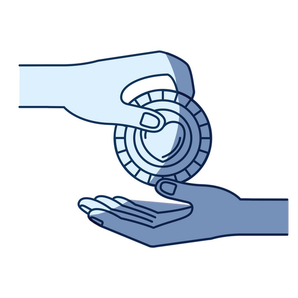 silueta de color azul sombreado de vista lateral de la palma humana sosteniendo una moneda con forma de corazón en el interior para depositar en otra mano
 - Vector, Imagen