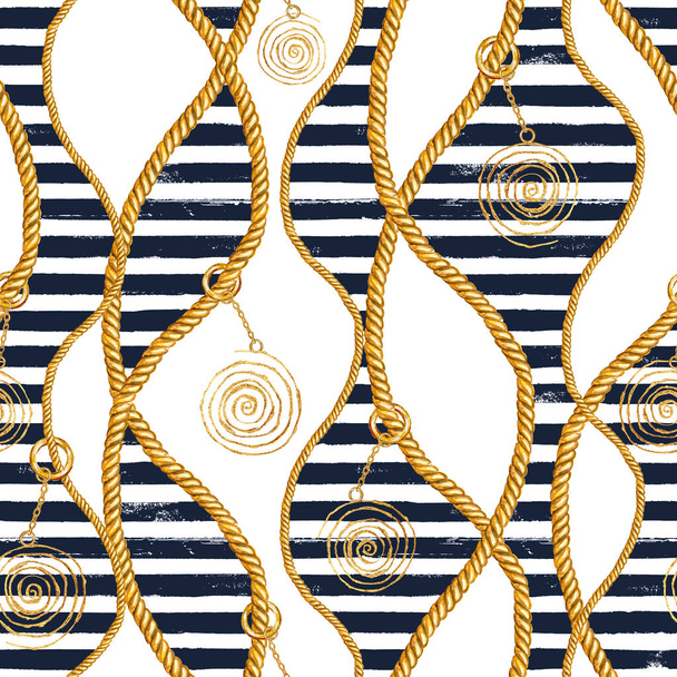 Seamless pattern sea nautical illustration. Watercolor hand drawn fashion texture with ropes. - Φωτογραφία, εικόνα