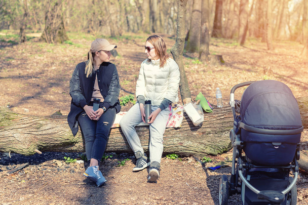 Two women girlfriends sitting on wooden log at forest glade while walking with baby stroller. Young mothers friends talking , communication, gossips and support - Fotografie, Obrázek