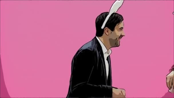 Young sexy couple on pink background. With hackneyed ears on the head. During this reproduction sexual rabbit movements and looks, after a while go out of the frame. The concept of a shrill. Animation - 映像、動画