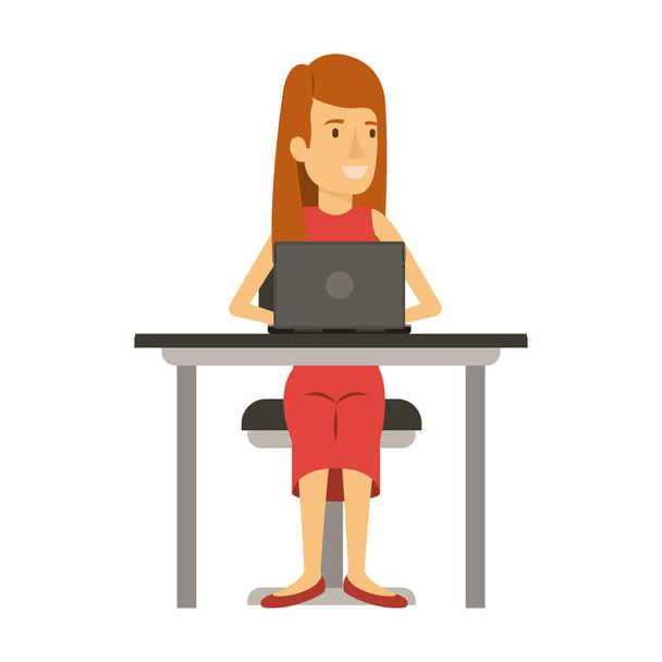 bunte Silhouette der Frau mit langen Haaren und glatt und sitzt im Stuhl in Schreibtisch mit Laptop-Computer - Vektor, Bild