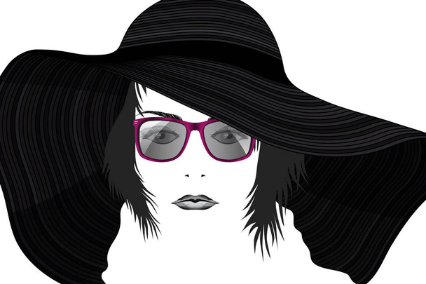 Fashion portrait of young beautiful lady in hat and sunglasses stylized - Vector, Image