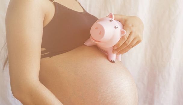 Pregnant woman holding piggy bank - Photo, Image