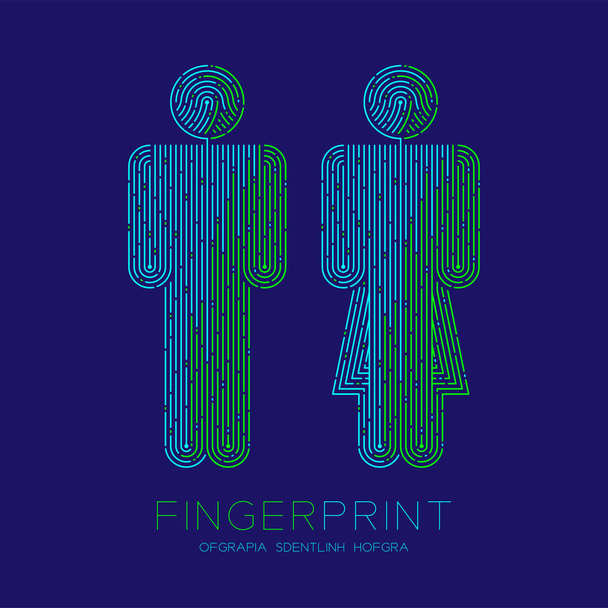 Чоловіки і жінки підписують візерунок піктограма сканування логотипу відбитків пальців лінія торкання, чоловіча жіноча гендерна концепція, ілюстрація інсульту синьо-зеленого кольору ізольована на синьому фоні з відбитком пальців
 - Вектор, зображення