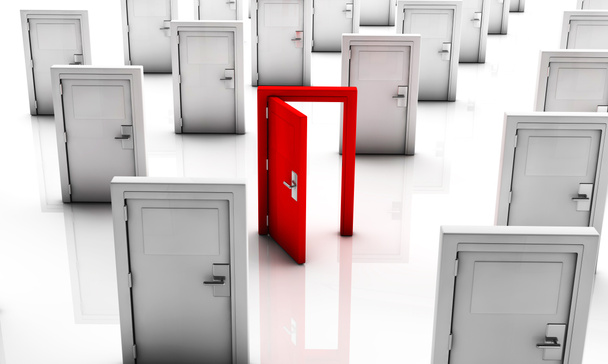 3d Puertas cerradas en blanco y una en rojo abierta
 - Foto, Imagen