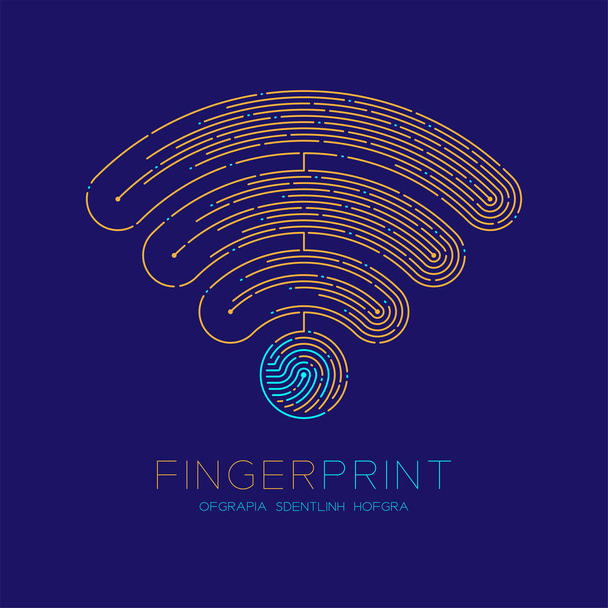 WiFi jel minta ujjlenyomat logó ikon szaggatott vonal, vezeték nélküli Internet csatlakozás, koncepció, szerkeszthető stroke ábrán kék és narancssárga, kék háttér, szöveg ujjlenyomat és a tér, a vektor elszigetelt - Vektor, kép