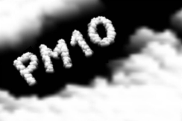 PM 10 szöveg felhő vagy füst minta, a szennyezés por koncepció design illusztráció elszigetelt lebegnek a sötét ég háttér, vektor eps 10 - Vektor, kép