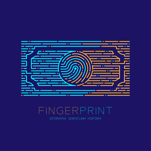 Форма банкноты Отпечатки пальцев рисунок логотипа тире линии, цифровая криптовалюта концепция, редактируемый штрих иллюстрации оранжевый и синий выделены на темно-синем фоне с отпечатками пальцев текст, вектор EPS
 - Вектор,изображение