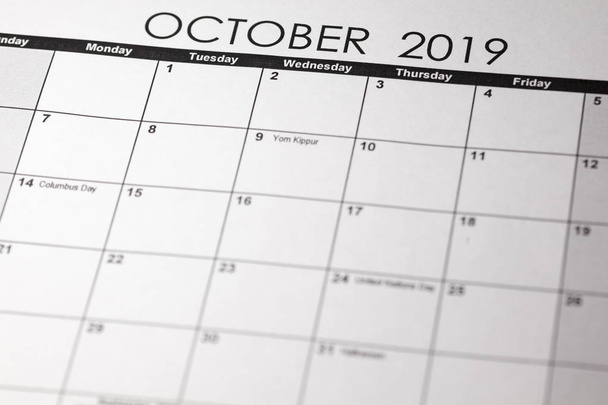 Simple October 2019 calendar. Week starts from Sunday. - Photo, image